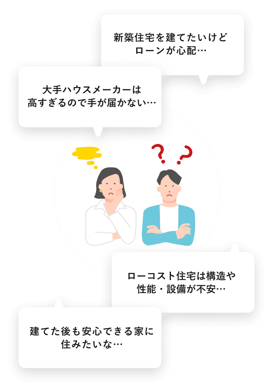 新築住宅を建てたいけどローンが心配…|大手ハウスメーカーは高すぎるので手が届かない…|ローコスト住宅は構造や性能・設備が不安…|建てた後も安心できる家に住みたいな…