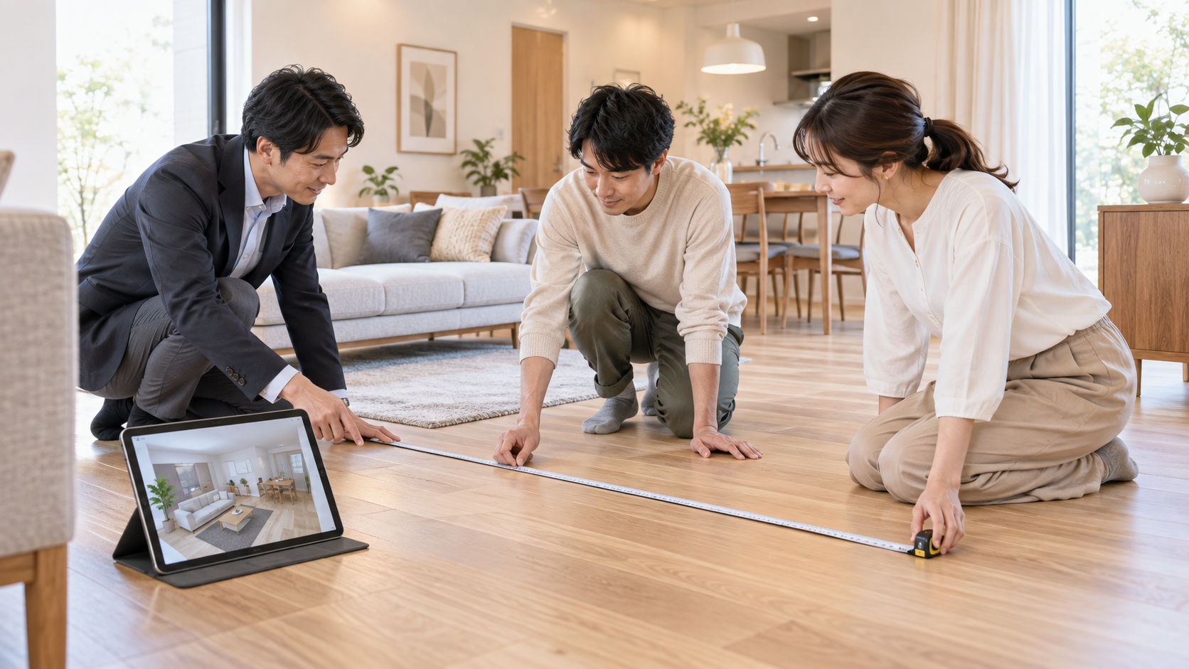 メジャーで部屋の寸法を確認しながら打ち合わせする家族