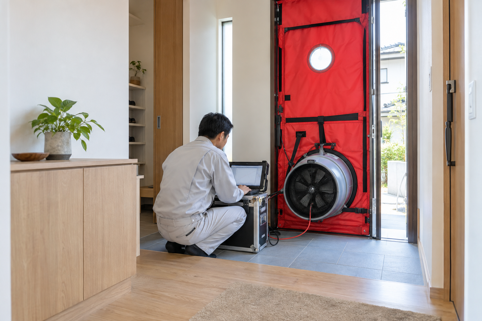 完成した住宅の玄関で気密測定を行う技術者