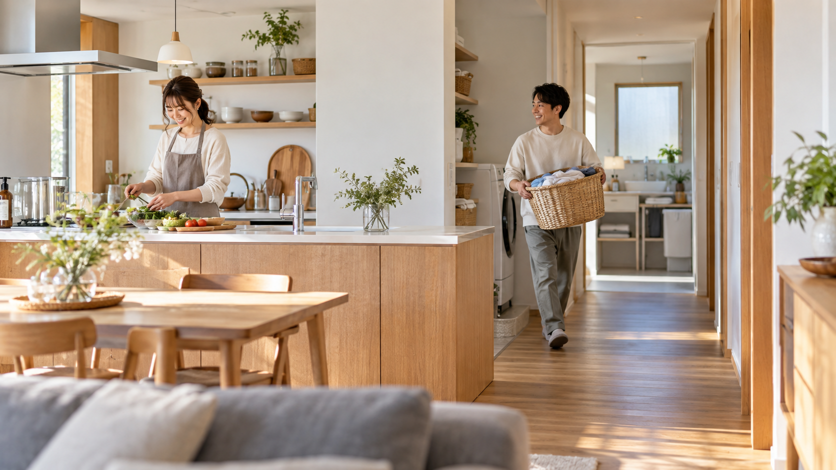 キッチンとランドリーを行き来しながら家事をする夫婦
