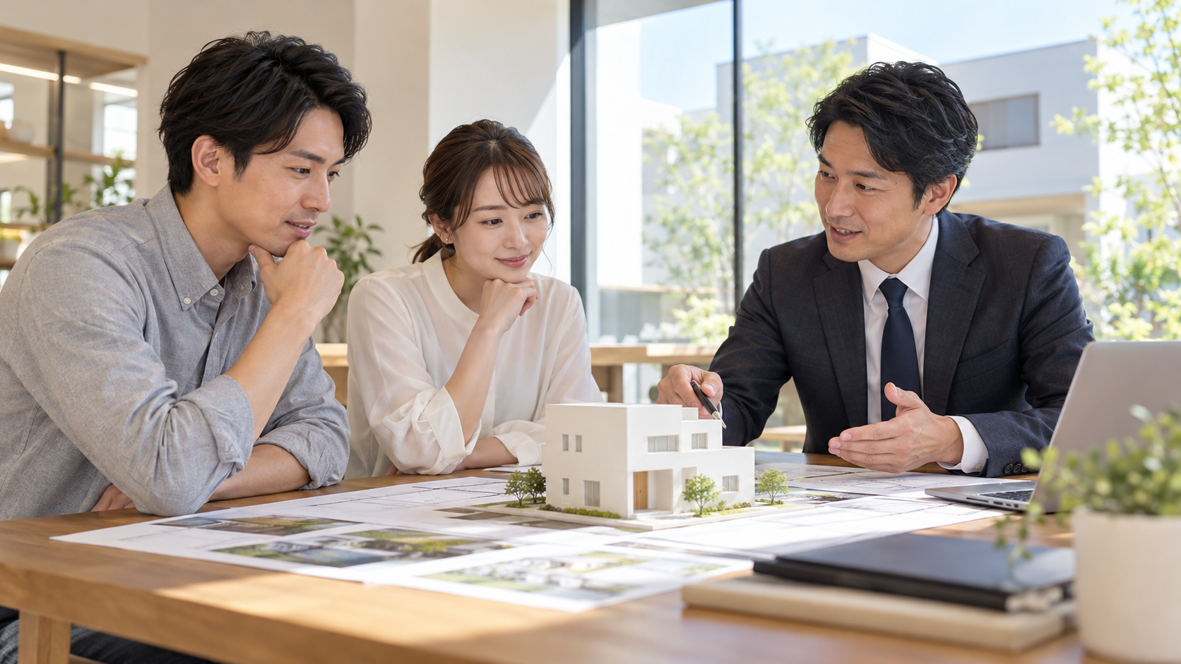 耐震等級3と制震ダンパーについて住宅担当者へ相談する夫婦