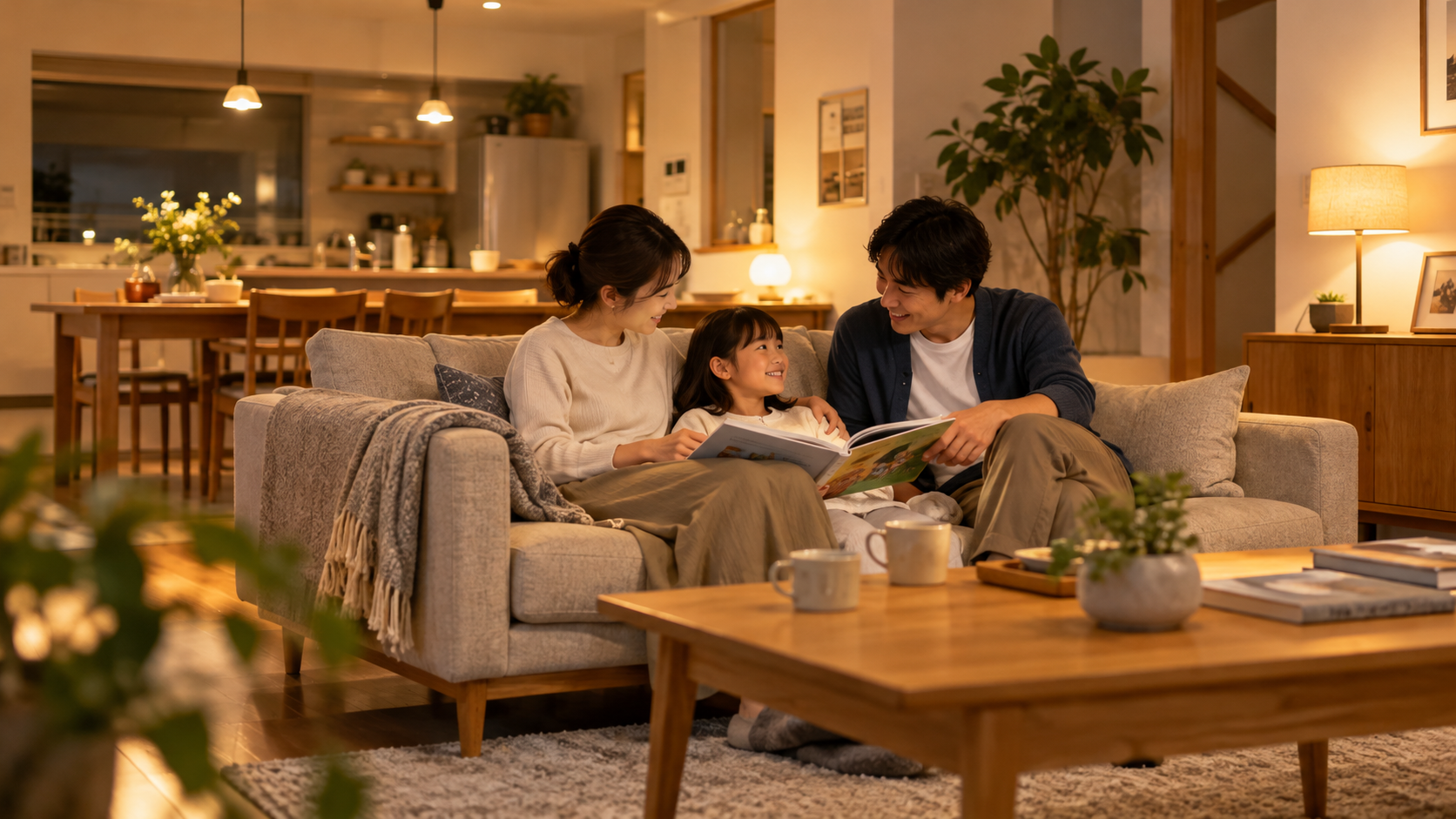 地震への備えを考えた住まいでくつろぐ家族